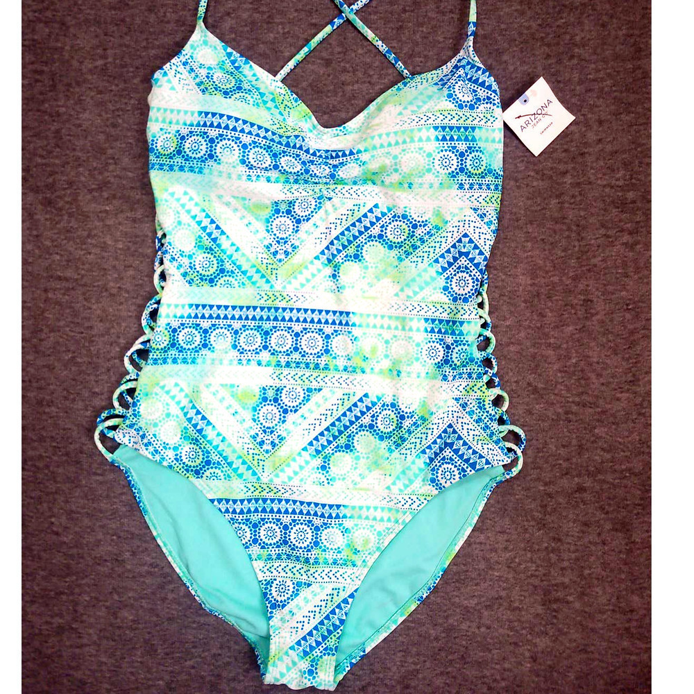 NWT Arizona Size S Blue Aqua Bohemian Tie Dye Strappy One Piece Swimsuit